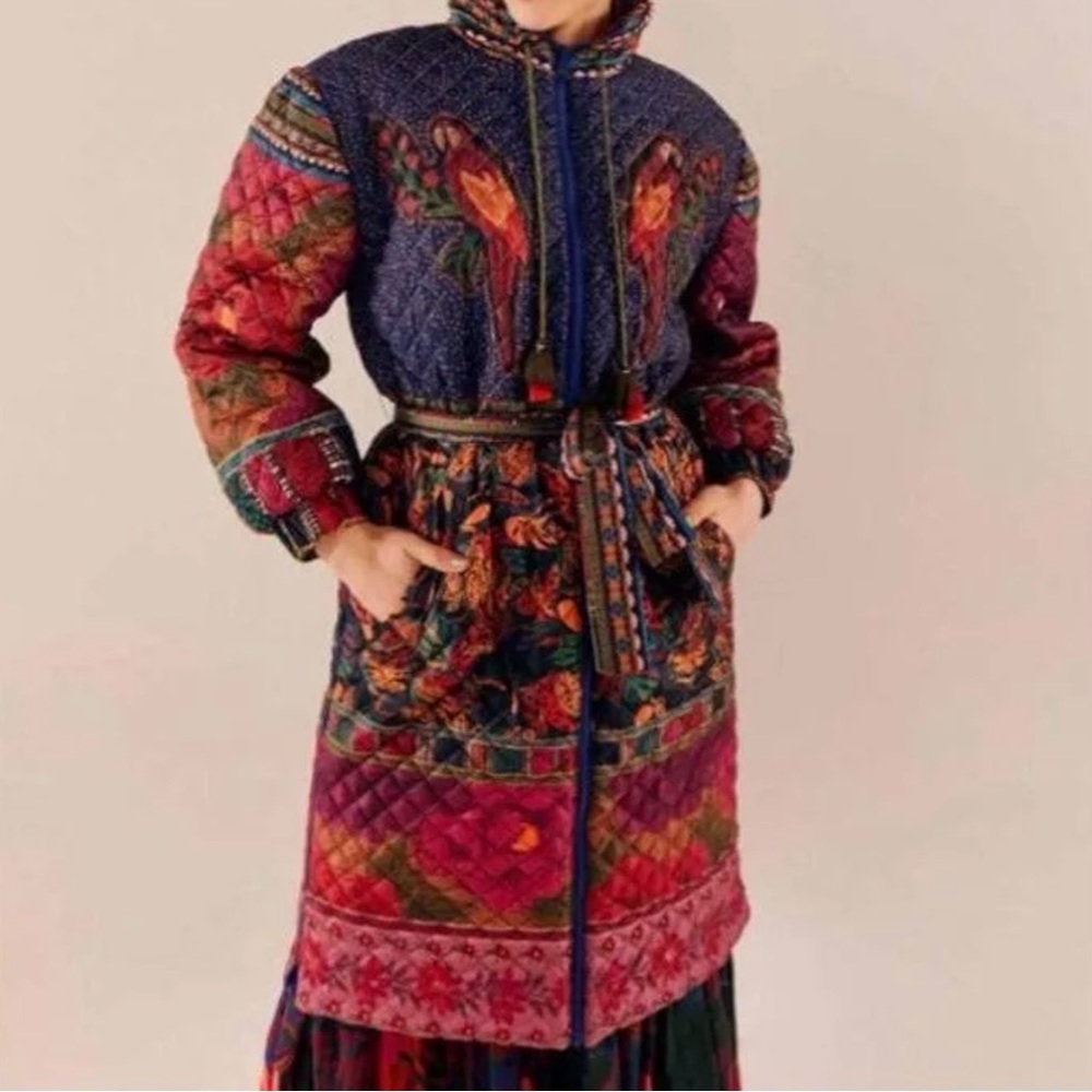Farm Rio Mixed Patchwork Reversible Quilted Midi Puffer Coat NWT